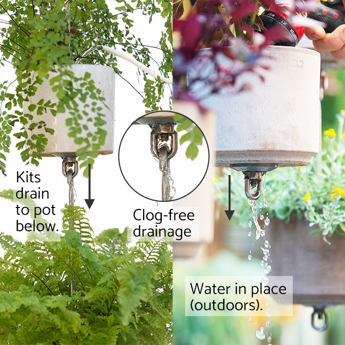 Shows how SkkyPots kits allow water to drain to the pot below. Water in place for outdoors.