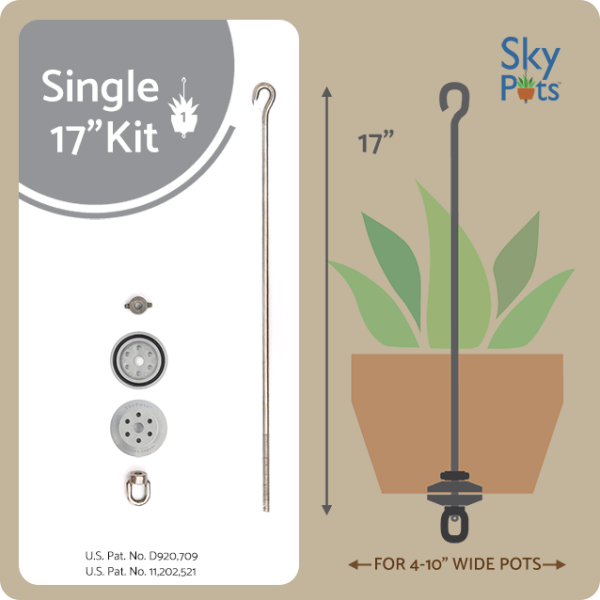 Single 17" Kit product. For 4-10" wide pots. US Patent No. D920,709 and Patent No. 11,202,521
