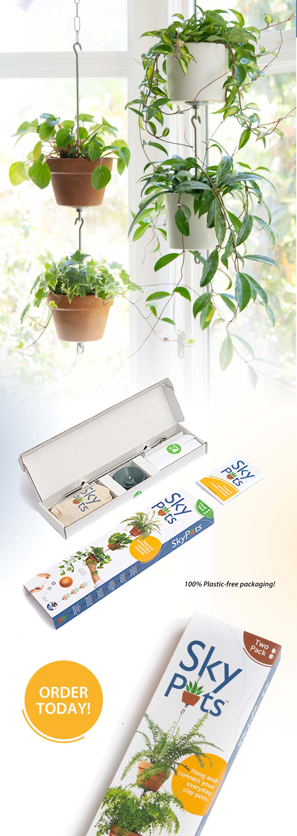 Collage of SkyPots arrangement and image of SkyPots packs. Order today! 100% Plastic Free packaging.