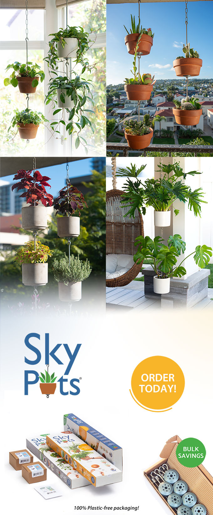 SkyPots arrangement collage with examples of product packaging. Order today! 100% Plastic free packaging.