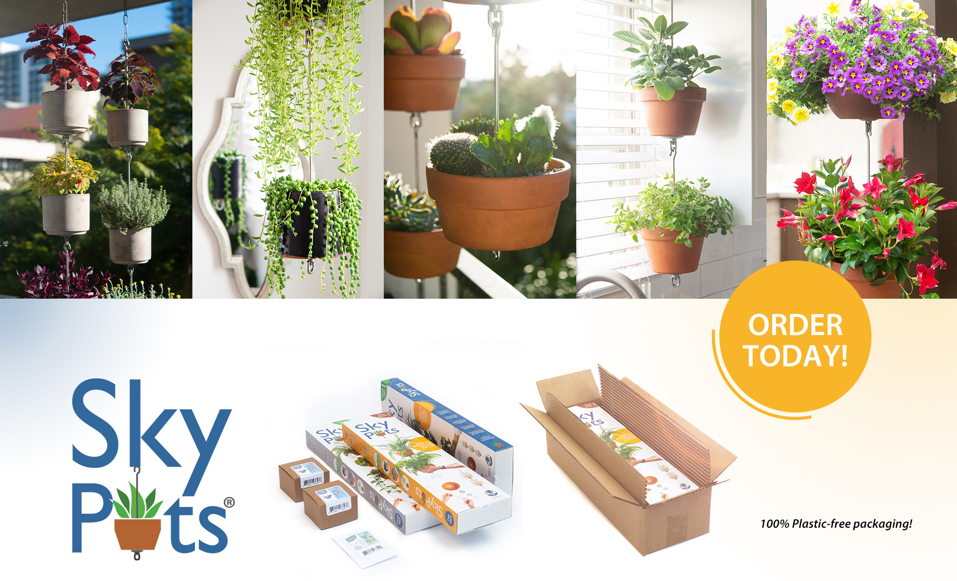 SkyPots arrangement collage with examples of product packaging. Order today! 100% Plastic free packaging.