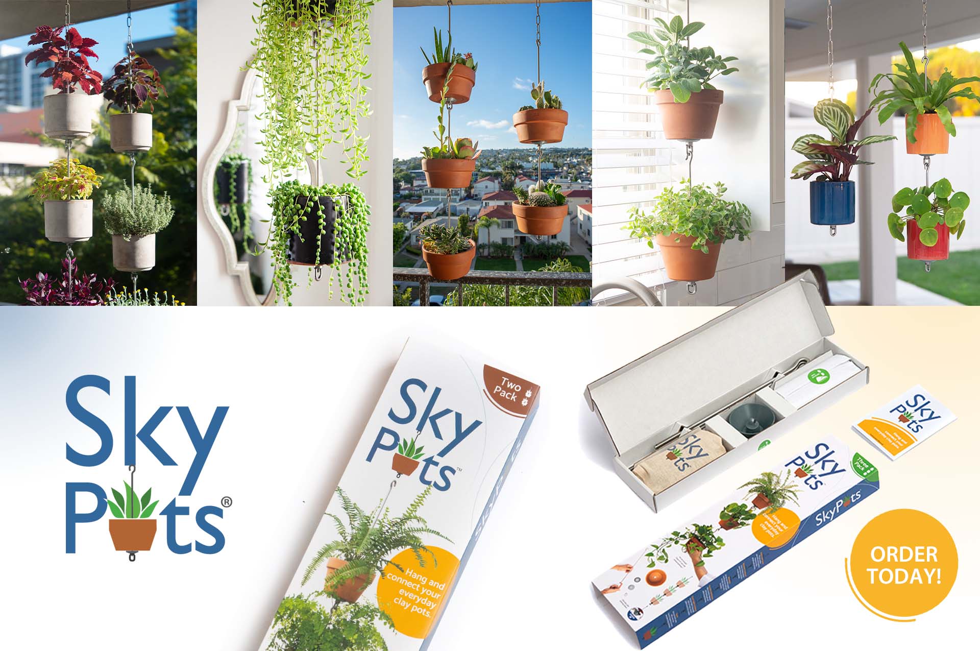 Collage of SkyPots arrangement and image of SkyPots packs. Order today!